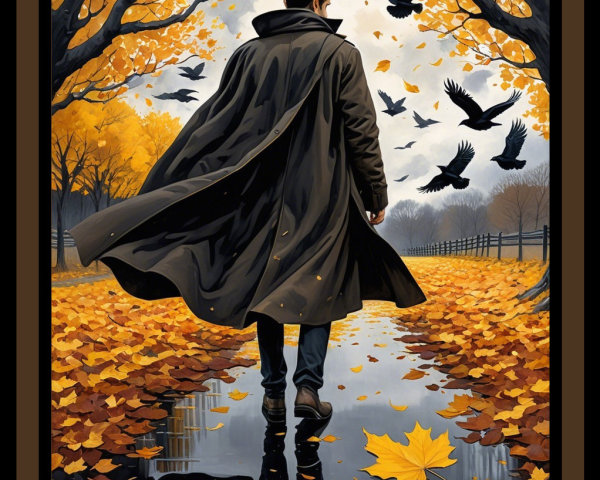Mysterious Figure on Autumn Leaf-Covered Path