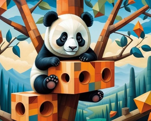 Panda on Colorful Block Structure in Whimsical Landscape