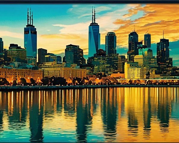 Vibrant Cityscape at Dusk with Reflective Waters