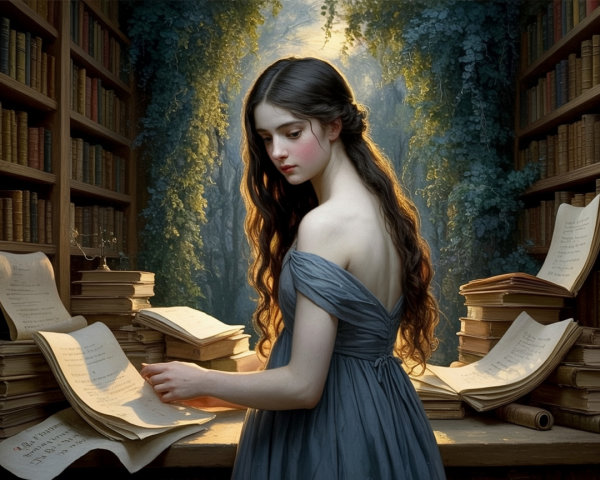 Young woman in enchanting library with music sheets