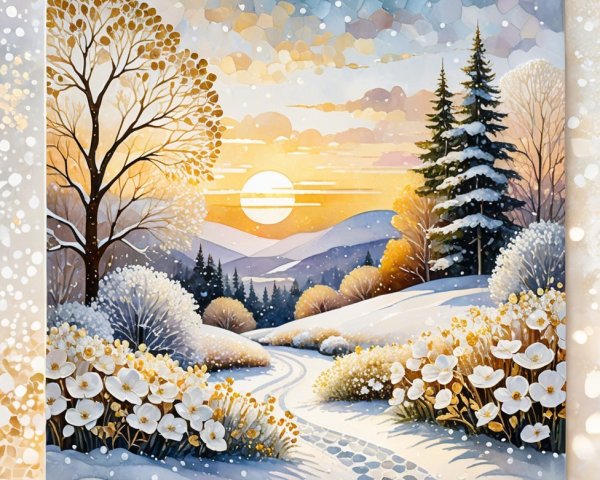 Serene Winter Landscape with Sunset and Snowflakes