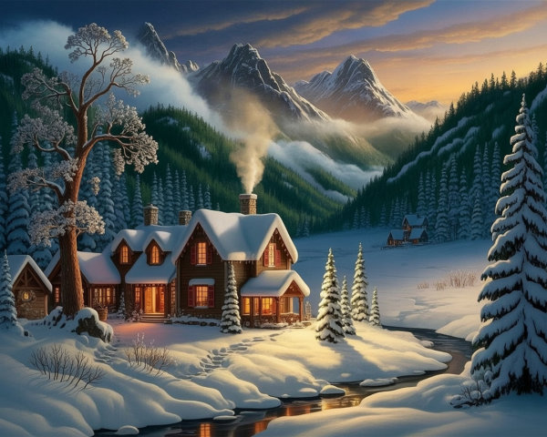 Cozy Log Cabin in Snowy Winter Landscape Scene