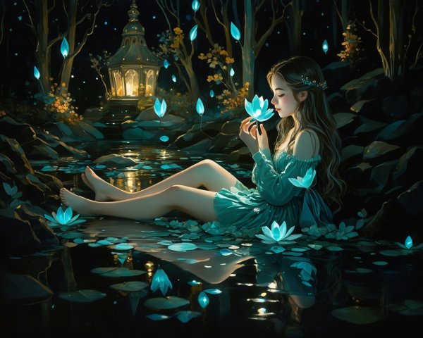 Young woman by a glowing pond with blue lotus flowers