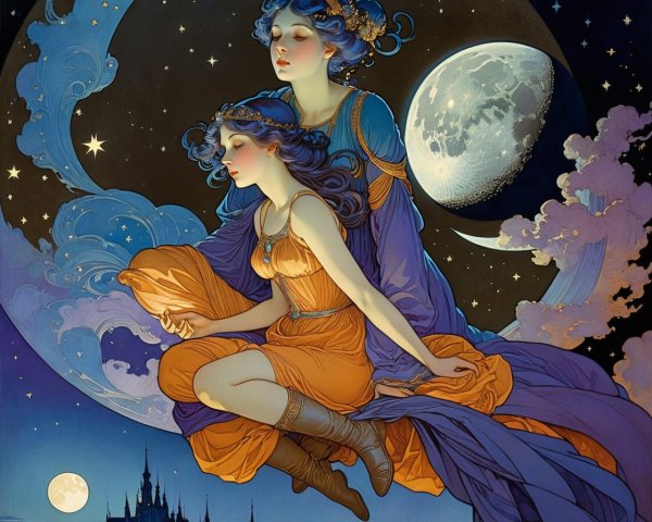 Young Women on Crescent Moon in Starry Night Sky