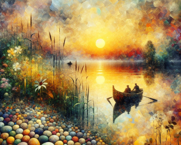 Serene Sunset Over Tranquil Lake with Rowboat