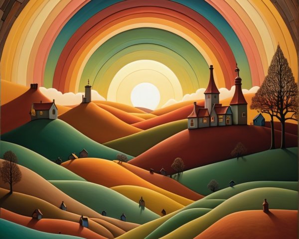 Vibrant Landscape with Rainbow and Whimsical Houses