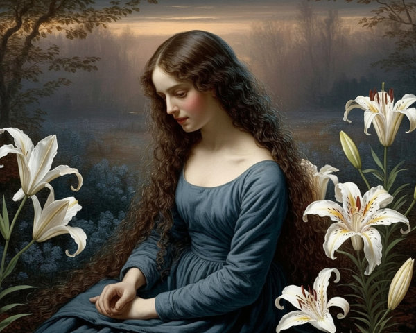 Young Woman in Blue Gown Surrounded by White Lilies