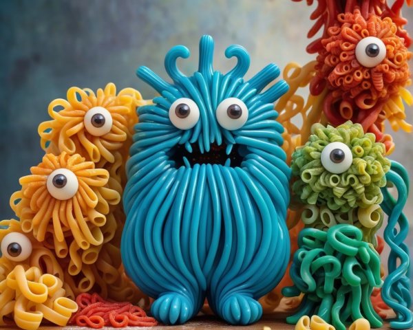 Colorful Pasta Creatures in a Whimsical Scene