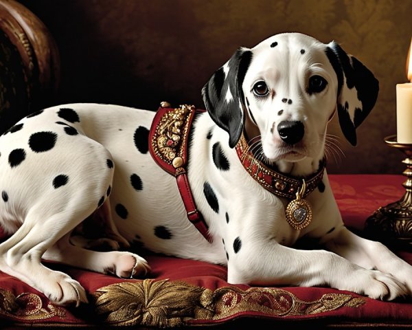 Dalmatian Puppy on Luxurious Red and Gold Couch