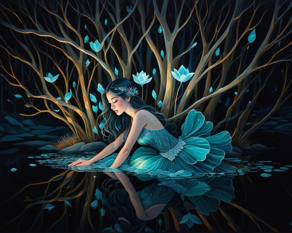 Enchanting Scene of Woman by Dark Water Pool