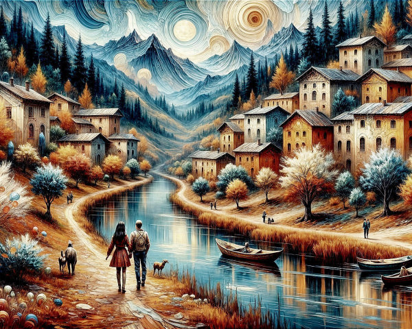 Serene landscape with river, houses, and autumn trees