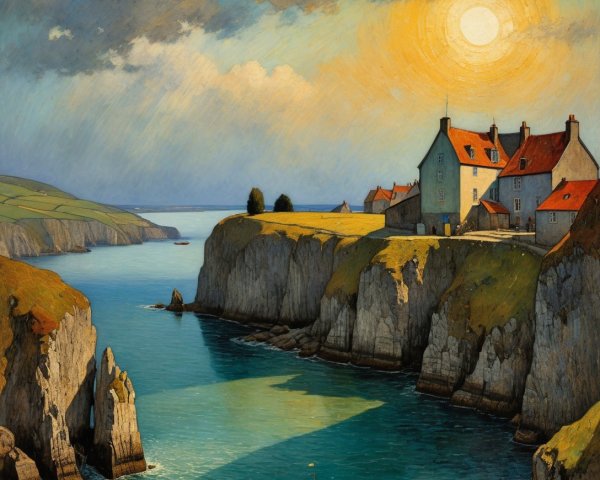 Coastal Village Painting with Cliffs and Inlet Scene