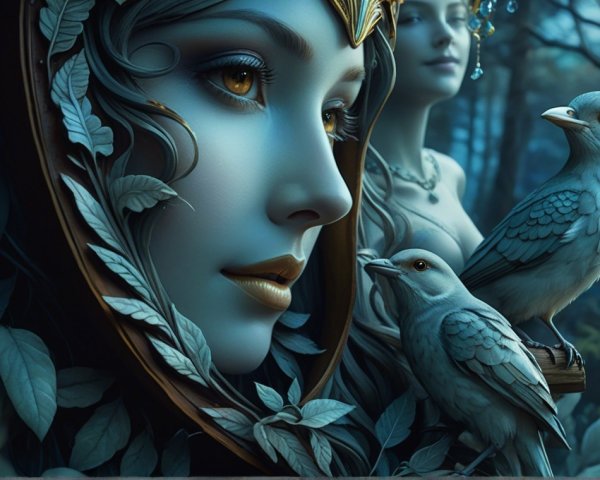 Ethereal Portrait of a Woman with Foliage and Birds