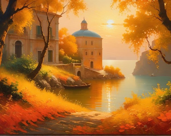 Serene landscape with golden hues and tranquil waterside