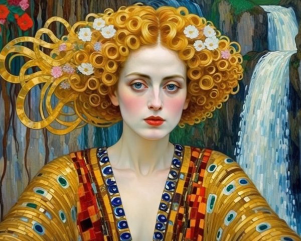 Woman with Golden Hair and Floral Adornments by Waterfall