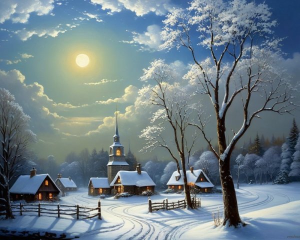 Serene winter landscape with a quaint village at night