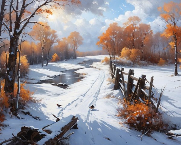 Serene Winter Landscape with River and Autumn Foliage