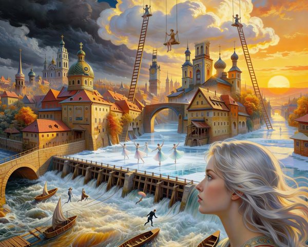 Fantasy Cityscape with Dramatic Sky and Ballerinas