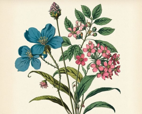 Botanical Illustration of Blue and Pink Flowers