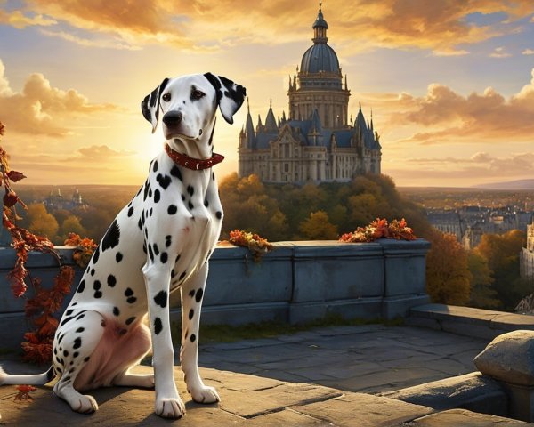 Dalmatian on Balcony with Castle and Autumn Landscape