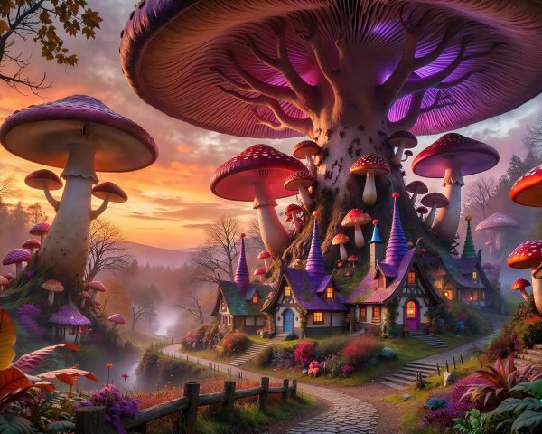Fairytale Village with Mushroom Houses at Sunset