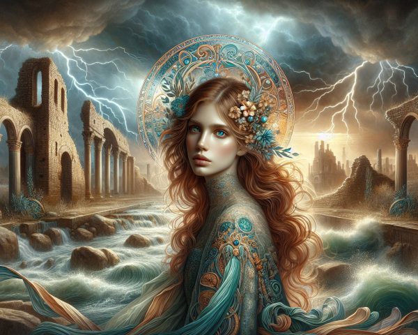 Mystical Woman Amidst Ancient Ruins and Stormy Sky