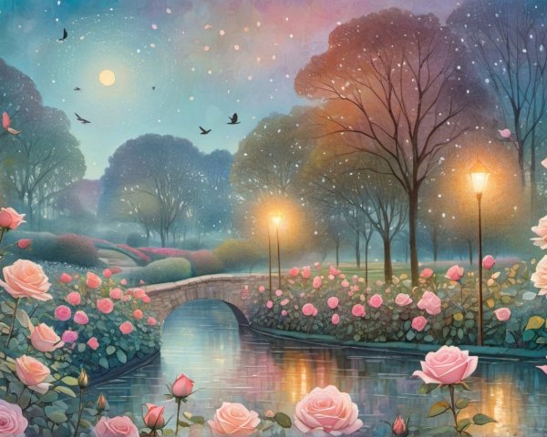 Twilight Park Scene with Bridge and Snowy Landscape