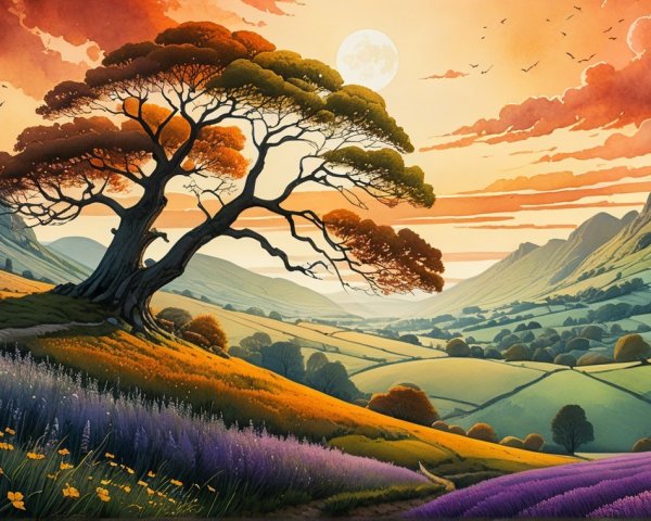 Vibrant Landscape with Lavender Fields and Sunset Sky