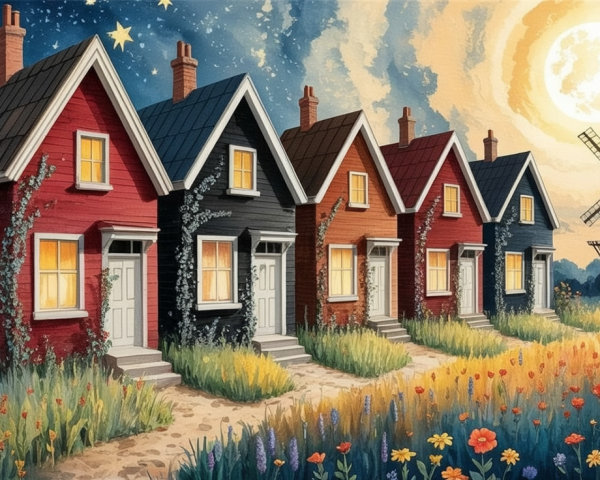 Charming Colorful Houses Under a Starry Night Sky