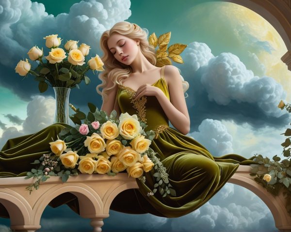 Serene Woman in Green Gown with Yellow Roses