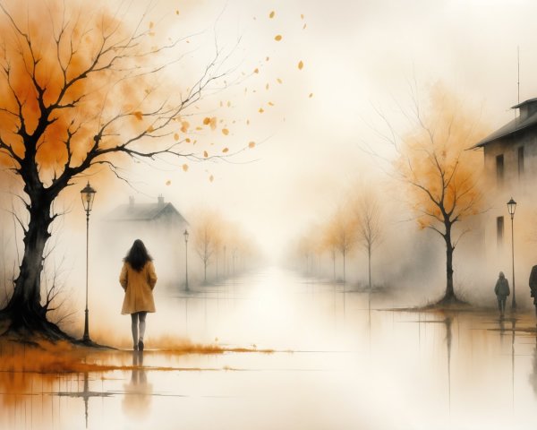 Serene Autumn Scene with Mist and Leafless Trees