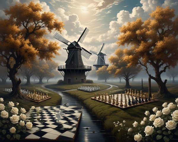 Surreal Landscape with Windmills and White Roses