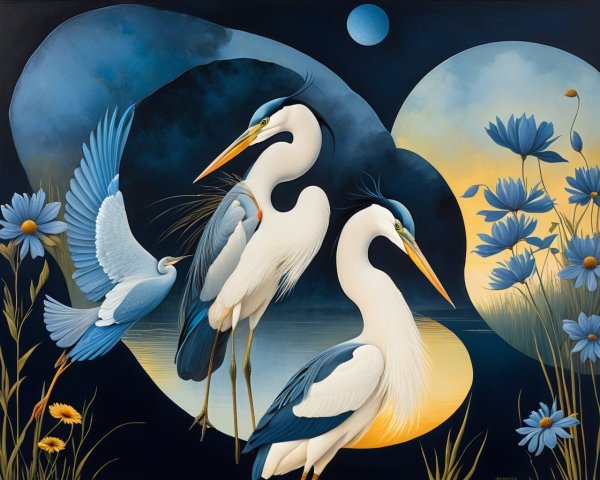 Herons by Water with Flowers and Crescent Moon