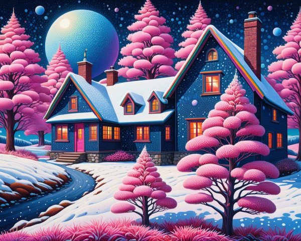 Vibrant Winter Landscape with Blue House and Moon