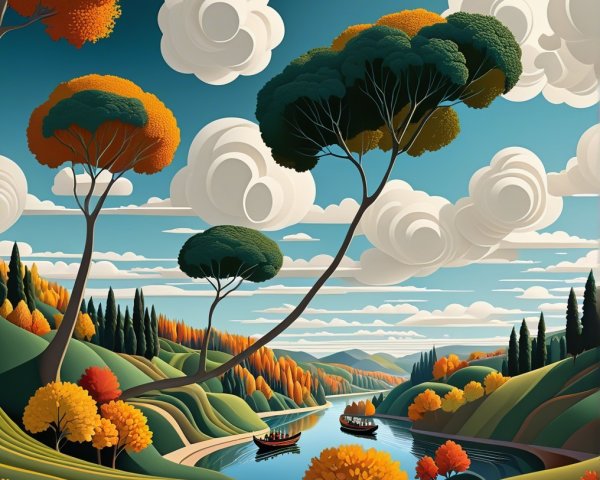 Vibrant Autumn Landscape with River and Boats