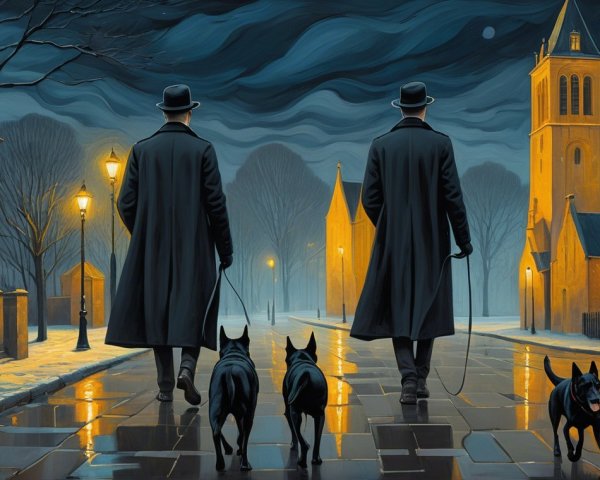 Foggy Forest Scene with Figures and Black Dogs