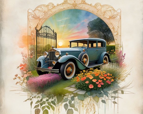 1930s Vintage Car in a Colorful Garden Setting