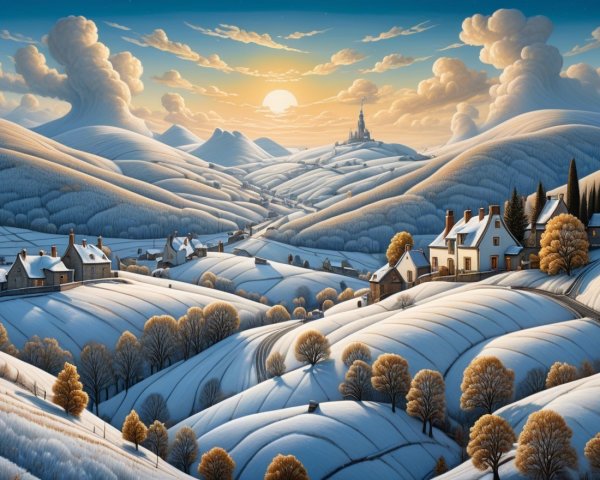 Serene Winter Landscape with Snow-Covered Cottages