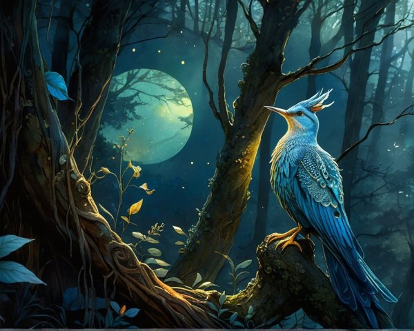 Mystical forest scene with blue bird and fireflies