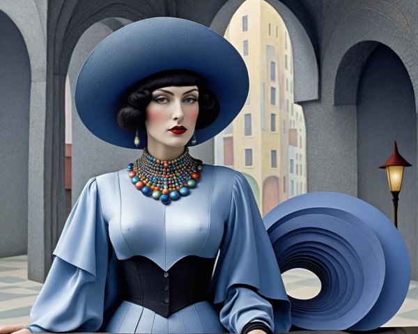 Stylish Woman in Blue Hat Against Architectural Backdrop