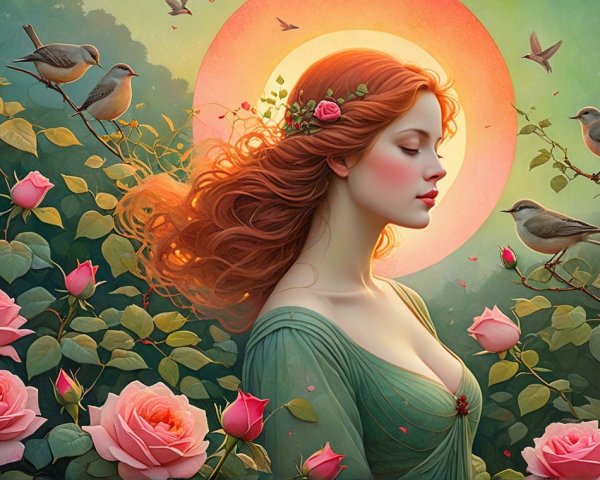 Serene Woman with Red Hair Surrounded by Roses