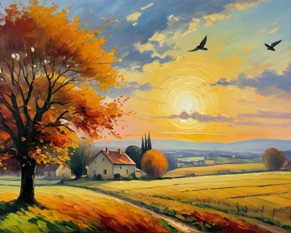 Autumn Landscape with Vibrant Trees and Sunset Sky