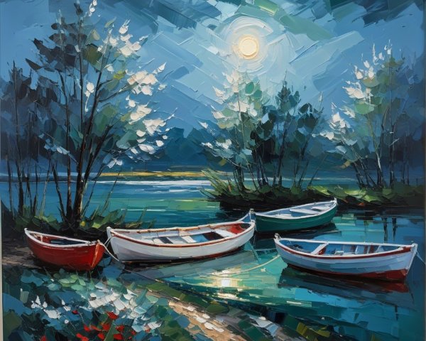 Lakeside Night Scene with Boats and Moonlight