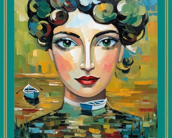 Vibrant Painting of Woman with Green Eyes and Boats
