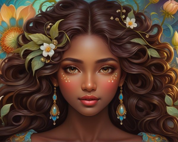 Portrait of a woman with curly hair and floral accents