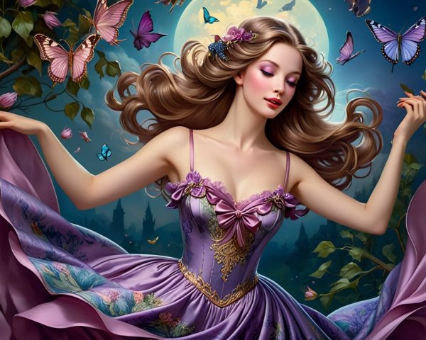 Woman in Lavender Gown Dances in Dreamy Landscape