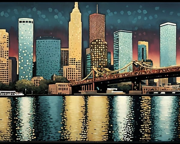 Vibrant City Skyline at Dusk with Skyscrapers and Water