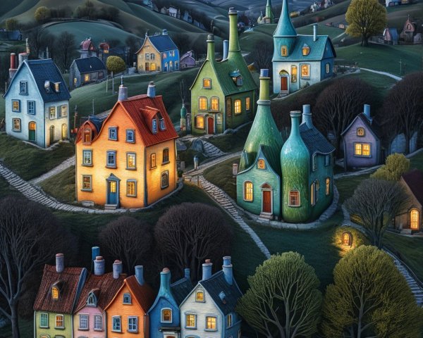 Whimsical Village at Twilight with Colorful Houses