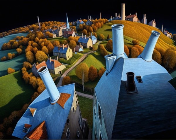 Whimsical Landscape with Autumn Trees and Village Rooftops