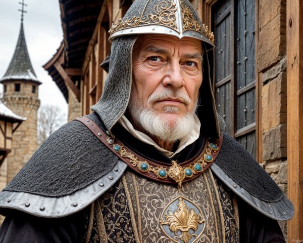 Older Man in Medieval Armor with Rustic Backdrop